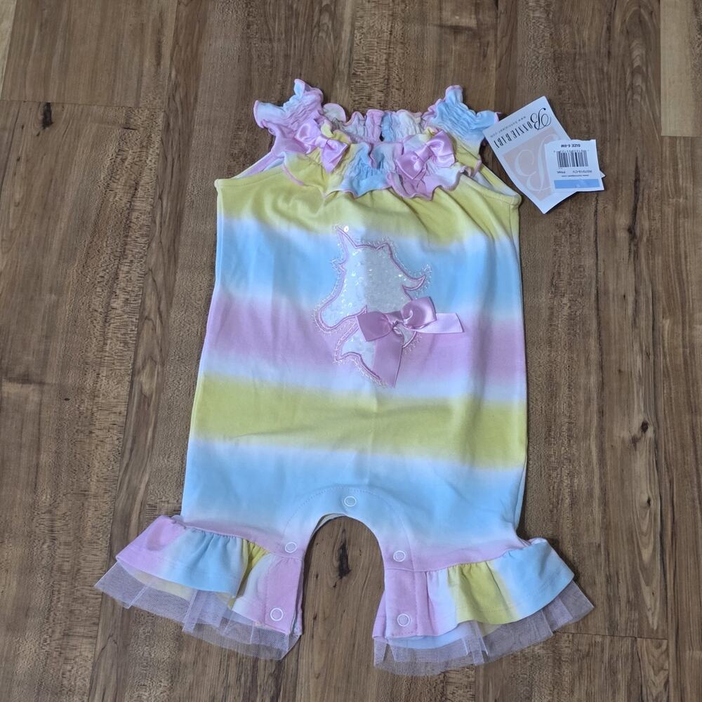 Bonnie Baby Girls 6-9M Pastel Tie Dye Unicorn Romper Ruffle Tulle NWT